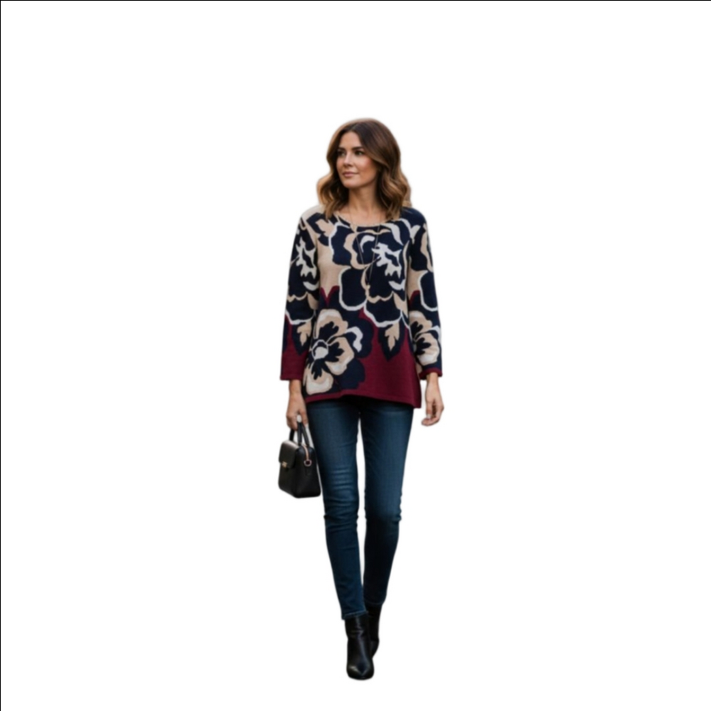 Women's Alfred Dunner M Navy Beige Floral Crew Neck Sweater